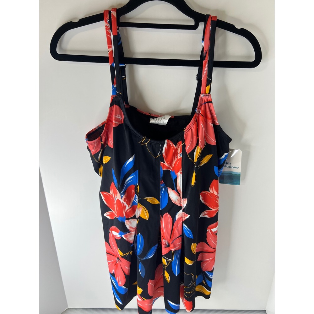 Swimโ Solutions Womens Pleated Tankini Top Floral Black Multi Size 12 NWT
